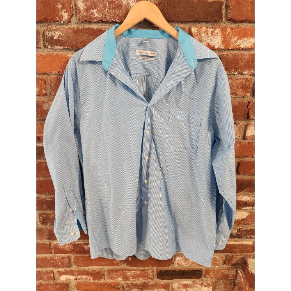 Geoffrey Beene Men's 15 1/2 Blue White Striped L/S Button Down Dress Shirt